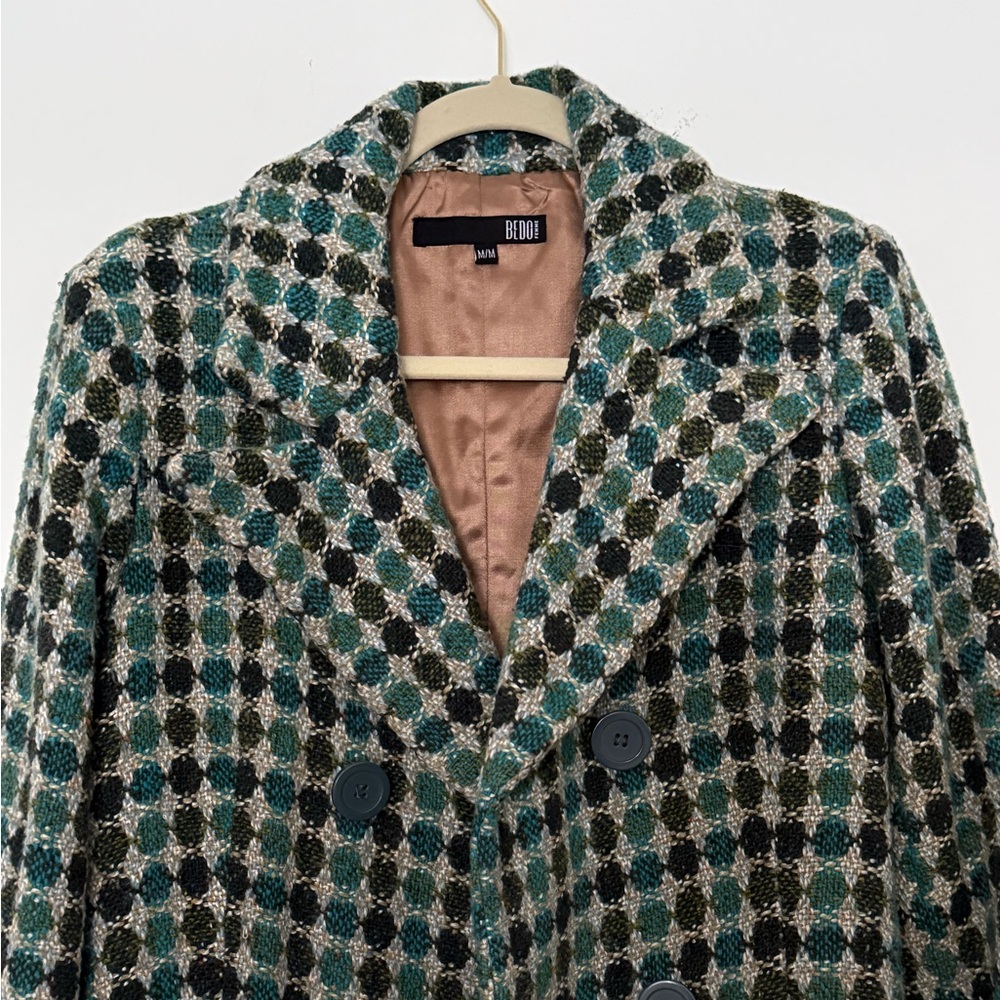BEDO Femme Textured Plaid Coat | Women’s M | Green Black Cream |Chic Fall Winter
